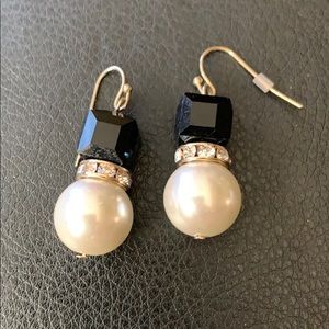 Pearl, Onyx and Rhinestone dangle earrings